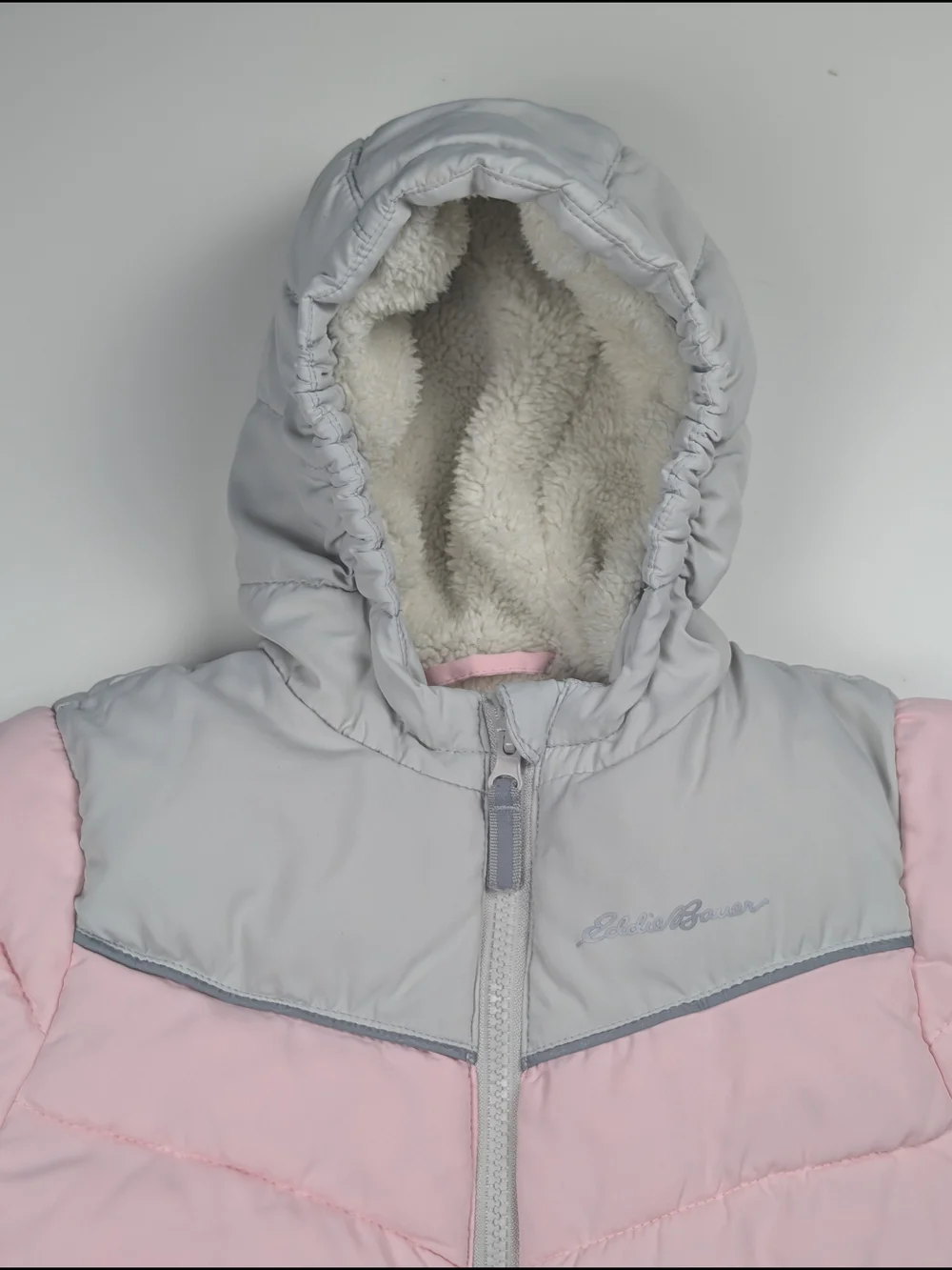 Eddie Bauer Girls Puffer Jacket Pink Gray Sherpa Lined Hooded Sz 5 Excellent